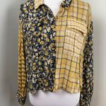 ZARA  Mixed Print Floral Plaid Button Down Crop Long Sleeve Blouse Top Large Photo 1