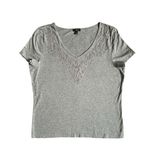 Talbots Gray Embroidered V Neck Top Ribbon Bead Detail Size Large Boho Photo 0