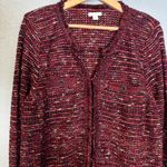 J.Jill Womens Tweed Knit Cardigan Sweater Maroon Pink Fringe Trim Medium Preppy Photo 2