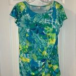 Forever Jade Blue/Green Print Stretch Short Sleeve Blouse S Photo 0