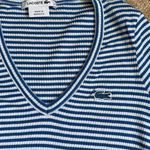 Lacoste Women’s Blue & White Striped V-Neck Short Sleeve Top. Size 34/small Photo 3
