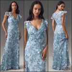 Mac Duggal  68192  Blue Embroidered Applique Wrap Over Flutter Sleeve Gown Photo 1