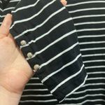 White House | Black Market Black and White Striped Long Sleeve Shirt with Decorative Buttons on Shoulders Photo 1