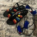 EXPRESS Black Pom Pom Tie Up Tassle Sandals Size 6 US Photo 0