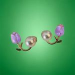 Trendy Elegant Purple Tulip Flower‎ Pearl Stud Earrings, Women's Stud Earrings Gold Photo 1