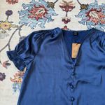 SheIn  Blue Satin Blouse with Puff Sleeves Faux Button Up V-Neck Medium NWT Photo 1