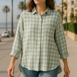 Athleta Lou & Grey Button Down Shirt‎ Gauze Plaid Long Sleeve Relaxed Fit Top Size Large Photo 0