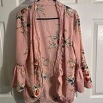Womens Jacket Open Front Pink Lace Size Large Bell‎ Sleeves Floral Print Kimono Photo 0