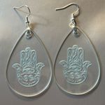 Handmade Hamsa Engraved Clear Acrylic Teardrop Earrings Light Blue Silver New Photo 1