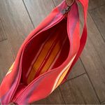 Liz Claiborne Pink, Orange, and Yellow Striped Canvas and Leather Hobo Purse Bag Photo 6
