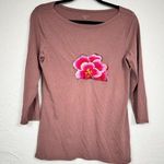 Garnet Hill  Pink Flower Embroidered 3/4 Sleeve Tee Shirt Womens S Casual Basic Photo 0