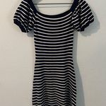 ZARA  Navy & White Striped Stretch Knit Puff Sleeve Fit & Flare Mini Dress Size M Photo 6