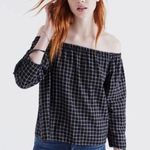 Madewell Blouse Plaid Off Shoulder Cold Shirt Black Bow Ties Top Size Small Photo 0