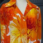 Diane Gilman  100% Silk Floral Sequin Blouse Orange Yellow Print Size Medium Photo 8