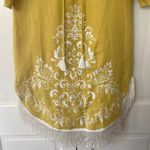 Cara Cara Molly Caftan Yellow Linen Dress White Embroidered Fringed Hem Size XS‎ Photo 2