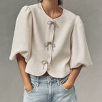 Anthropologie Anthro Dolan Puff Sleeve Bow Tweed Blazer Jacket, L Photo 0