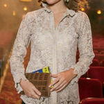 Soft Surroundings Floral Cream & Gold Button Down Lace Shirt Crochet Sz L Party Photo 0