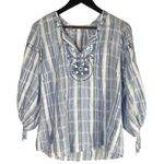 Solitaire Women's Blue White Striped Embroidered Peasant Blouse Size Boho L Photo 0