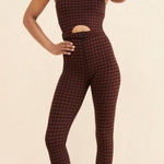 The Upside Houndstooth Farrah Catsuit Medium Jacquard Fitted Jumpsuit Cutout Brown Photo 0