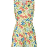 Rachel Antonoff Kitty Strawberry Fruit Print Sleeveless Collared Linen Romper 2 Yellow Photo 4