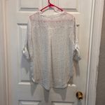CHAUS NEW YORK Womens White Black Speckle Dot V Neck Roll Tab Sleeve Blouse Sz M Photo 4