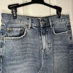 Free People We The Skirt Denim Mid Length Blue Button Zip Midi Distressed Split Photo 1