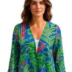 TABI FLORAL TROPICAL BLUE GREEN PINK STRETCHY BOHO BELL SLEEVE OPEN CROP CARDY L Size L Photo 0