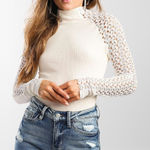 Free People Clemente Floral Lace Sleeve Mock Neck Ribbed Top White Medium Photo 0