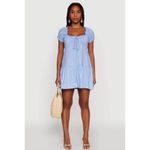 Hunter & Brown Women’s XL Blue Linen Blend Square Neck Tie Front Peasant‎ Dress Photo 1