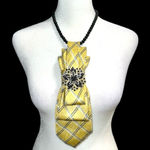 “Dainty Dapper” Yellow Plaid Necktie necklace with Black Beaded Brooch Photo 0