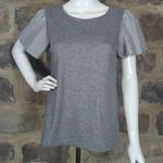 Parallel Skies Gray Flutter Short Sleeve Top Woman's Size Large Striped Keyhole Photo 1