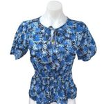 Michael Kors Blue Floral Metallic Keyhole Tie Shorts Sleeve Peplum Blouse Top S Photo 0