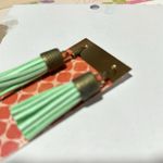 Handmade Mint tassel earrings brass vintage patina finish faux green suede dangle‎ NEW Photo 1