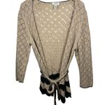 Loft Cardigan Women XL Beige Black Lace Crochet Tie Waist Topper Sweater Boho Tan Photo 0