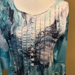 Women's Teal and‎ White Blouse size medium pleated 3/4 sleeve Blue Photo 3