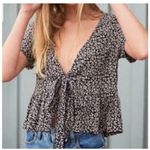 Brandy Melville Black Floral Tie Front Peplum Blouse Short Sleeve Women's Top Photo 4