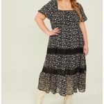 Arula Black & Red Green Dainty Floral Lace Trim Short Puff Sleeve Dress. Size XL Photo 9