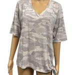 Democracy  Gray Camouflage V Neck Short Sleeve Bottom Tie Tee TShirt Womens Large Photo 0