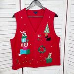 Westbound Vintage  Embroidered Pets Christmas V Neck Sweater Vest Red Large Photo 6