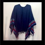 Aerie One Size Cotton Poncho Shawl Blue Red White Stripe Fringe Guaze Clip Boho. Photo 8