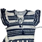 VOY Navy Blue White Striped Smocked Midi Dress Keyhole Short Sleeve medium Photo 2