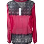 Red Haute Lace Trim Button Up Split Neck Sheer Blouse Top Red Black Small NWT Photo 8