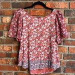 Lucky Brand  womens floral flutter sleeve back cutout boho top coral S Photo 0