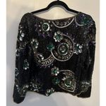 Scala  Beades/Sequin Pure Silk Blouse Black Green Gold Vintage Size Larg Photo 1