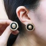 Black Inlay Gold Lion Head Stud Earrings Statement Round Medallion NWT Photo 2