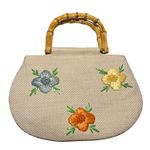 Old Navy Vintage Style Straw Woven Floral Handbag with Bamboo Handles Photo 1