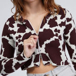LA Hearts Brown White Cow Print Western Y2K Kelly Mini Double Zip Hoodie size S Photo 0