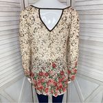 Blu Pepper  Leopard Roses Print Sheer Blouse Small Beige Red Back Cutout Photo 3
