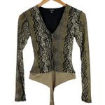 AFRM Womens Size XS Jane Mesh Sleeve Thong Bodysuit in Olive Snakeskin Print Photo 1