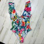 None Floral Ruffled Monokini Plunging V-Neck Tie Back High-Cut Photo 3